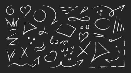 Hand drawn crayon doodle sketch elements in white chalk texture on blackboard. Collection includes arrows, hearts, stars, crowns, spirals, abstract symbols, and playful shapes. Perfect for highlighting text, decorating notes, digital planners, stickers, social media graphics, and creative projects.のイラスト素材