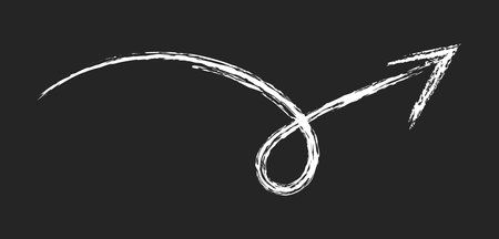 Squiggly doodle arrow. Chalk Hand drawn vector line fun playful bounce icons, jump thick motion design elements on blackboard. Crayon Movement symbolのイラスト素材