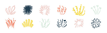 Sparkles, fireworks, doodle bursts. Festive hand drawn vector set of colorful star icons, explosion elements, and celebration shapes. Unique pastel design with fireworks, spark lines, glowing stars, and abstract decorative symbols. Perfect vector illustration for party, New Year, holiday, birthday, and celebration projects.のイラスト素材