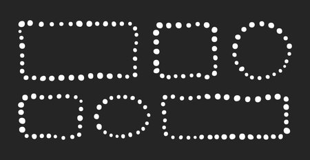 Hand drawn dotted frame set. Doodle vector shapes and frames for social media on black background. Kids abstract text box by marker. Hand drawn speech bubble blobs for dialogのイラスト素材
