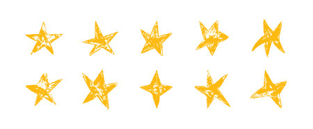 Crayon yellow Stars hand drawn pencil sticker vector set. Rough textured doodle stars in simple organic shapes. Elements for children, packaging, branding, decoration projectsのイラスト素材