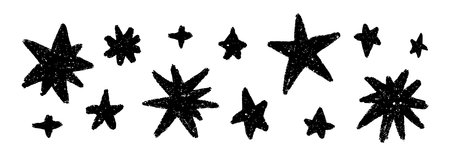 Hand drawn crayon stars doodles. Chalk kids signs. Perfect for Christmas designs, winter holidays, and festive greeting cards. Vector line art illustration with magical emphasis. Black chalk or crayonのイラスト素材