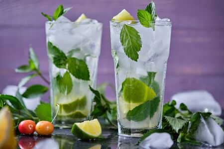 Mojito refreshing summer cocktail. Ingredients: ice, soda, rum, sugar syrup, lime, mint.の写真素材
