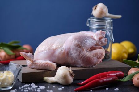 The process of cooking chicken with herbs, spices and lemon in the oven. On the table are the products that are needed for cooking.の写真素材