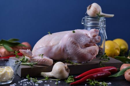 The process of cooking chicken with herbs, spices and lemon in the oven. On the table are the products that are needed for cooking.の写真素材