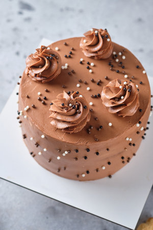 Chocolate sponge cake stuffed with salted caramel and peanuts. Cake with cream cheese chocolate cream.の写真素材