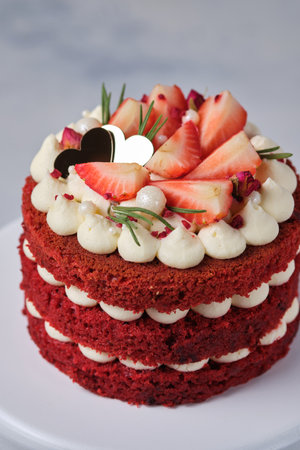 Red velvet cake decorated with strawberries and rosemary on a white plate