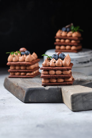 Portion puff honey cakes with cream cheese chocolate cream and fruit filling. Desserts decorated with blueberries, nuts and leavesの写真素材
