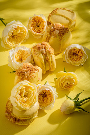 Macarons with a tropical flavor. The frame shows flowers and yellow macarons.の写真素材