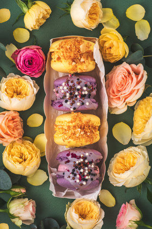 Macarons with tropical and currant flavor.