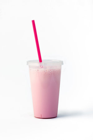 Strawberry milkshake in disposable plastic container on white background.の写真素材