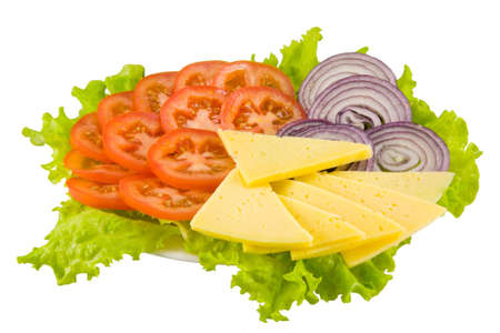 the salad from tomato, cheese and onion isolated on white backgroundの写真素材