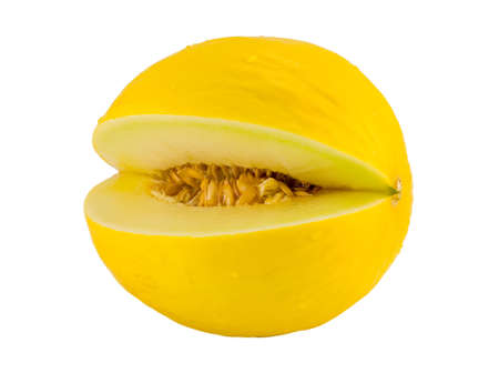 the slit yellow melon isolated on white backgroundの写真素材