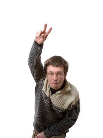 the young man show gesture on white backgroundの写真素材