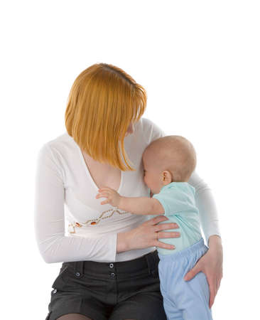 the redhead woman with baby on white background