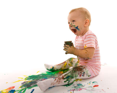 small boy gouache painting on white backgroundの写真素材