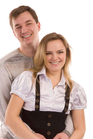 happy young couple on a white backgroundの写真素材