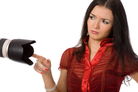 model and photographer isolated on a white backgroundの写真素材