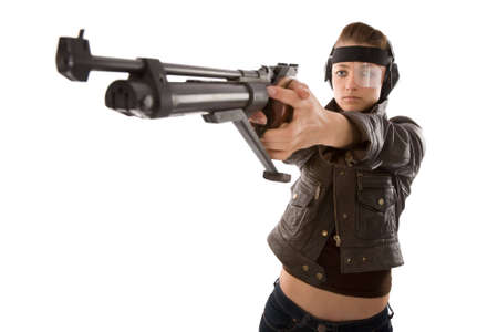 young woman with sports gun on a white background