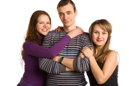three young friends isolated on a white backgroundの写真素材