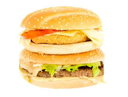 Cheeseburger and hamburger isolated on a white backgroundの写真素材