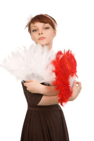 woman with fans on a white background