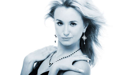 close-up portrait of strict woman, black and whiteの写真素材