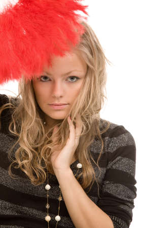 closeup portrait of the woman with red fanの写真素材