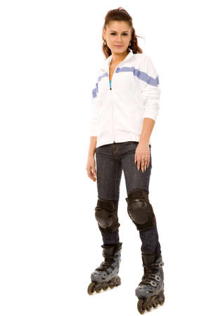 pretty woman on roller skates on a white background