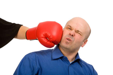 woman with boxing gloves and man on a white background