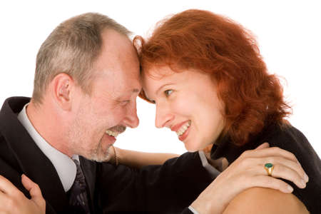 the young woman and mature man on white background
