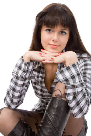closeup portrait of a young brunette woman on white backgroundの写真素材