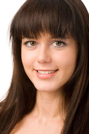 closeup portrait of a young brunette woman on white backgroundの写真素材