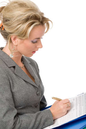 closeup portrait of a young blond business woman on white backgroundの写真素材