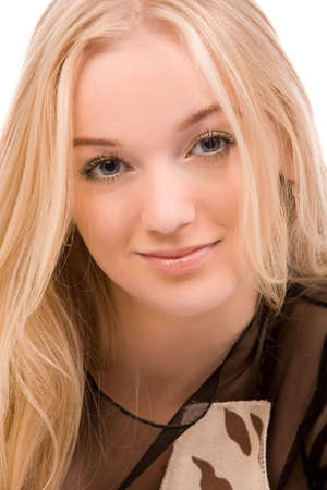 closeup portrait of a young blond woman on white backgroundの写真素材