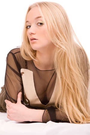 closeup portrait of a young blond woman on white backgroundの写真素材