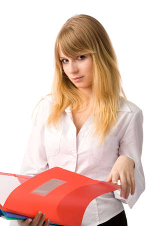 closeup portrait of a young blond businesswoman on white backgroundの写真素材