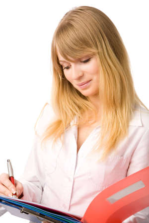 closeup portrait of a young blond businesswoman on white backgroundの写真素材