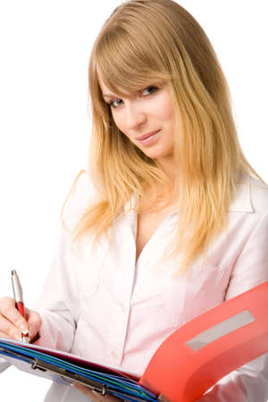 closeup portrait of a young blond business woman on white backgroundの写真素材