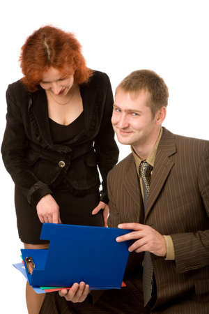 closeup portrait of two business people isolated on white backgroundの写真素材
