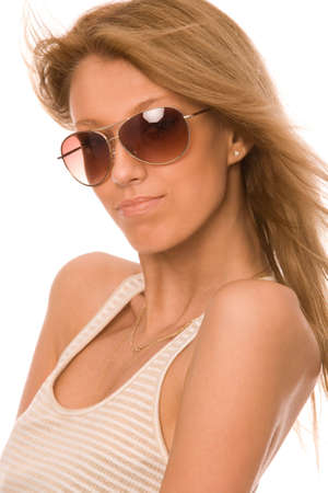 closeup portrait of a young blond woman in sunglasses isolated on white backgroundの写真素材