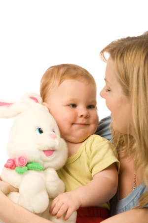 closeup portrait of the mother with young daughter on a white backgroundの写真素材