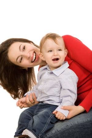 closeup portrait of a mother and son on a white backgroundの写真素材