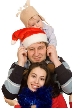closeup christmas portrait of a happy family on a white backgroundの写真素材