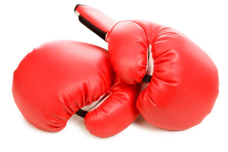 closeup photo of the boxing gloves with shadow on a white backgroundの写真素材