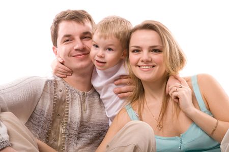 young happiness family isolated on a white backgroundの写真素材