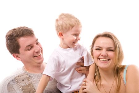young happiness family isolated on a white backgroundの写真素材