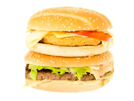 Cheeseburger and hamburger isolated on a white backgroundの写真素材