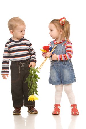 boy and girl on a white backgroundの写真素材