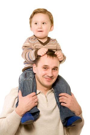 man with his little son on shoulders isolated on whiteの写真素材